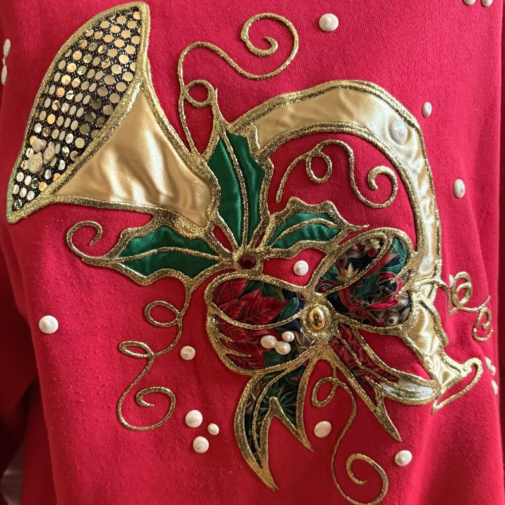 Vintage 80s Christmas Sweatshirt | Gold Horn Appliqué & Sequins | XL - Picture 6 of 9